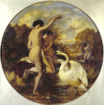 three women at the table by the lamp Painting - Female Bathers Surprised by a Swan William Etty
